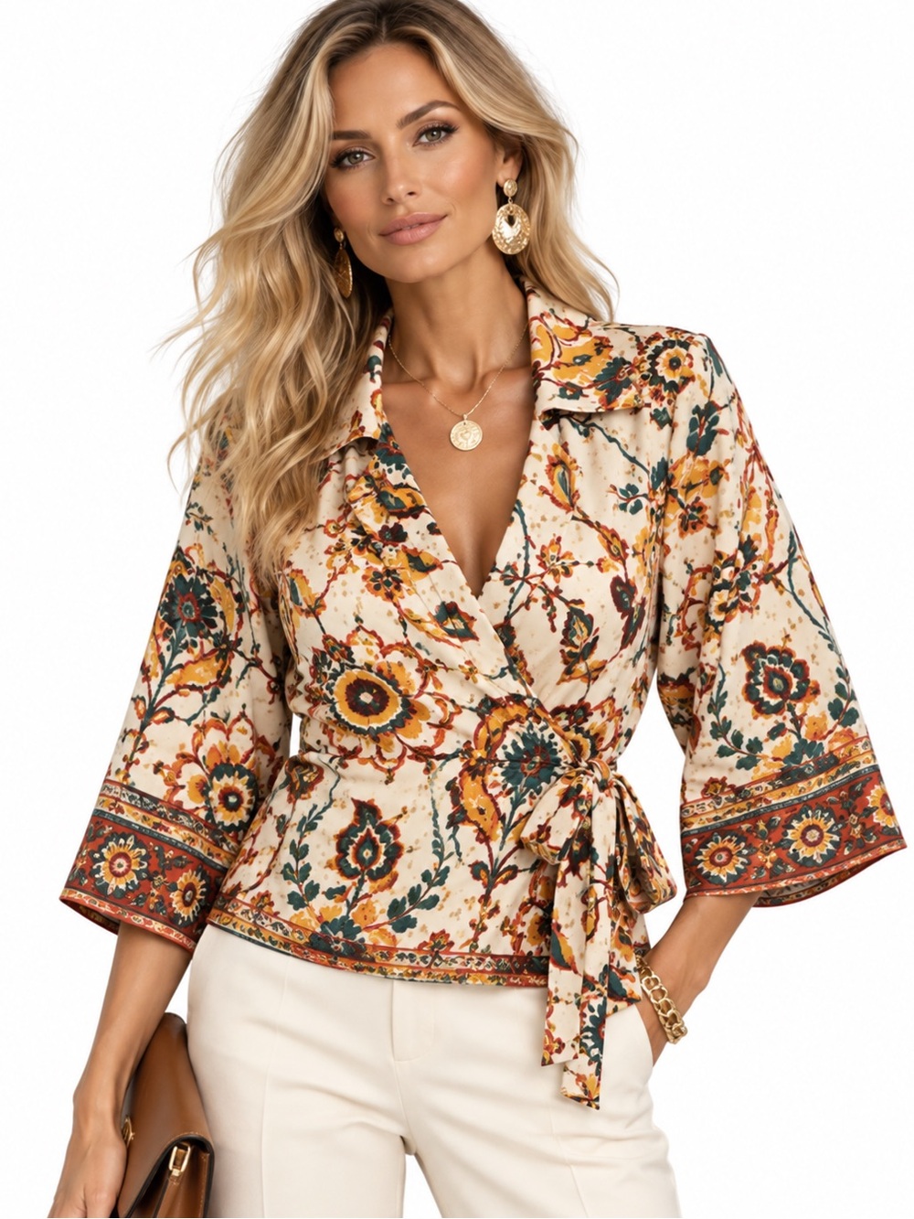 Zara Floral Paisley Kimono Wrap Blouse Top Size L Boho